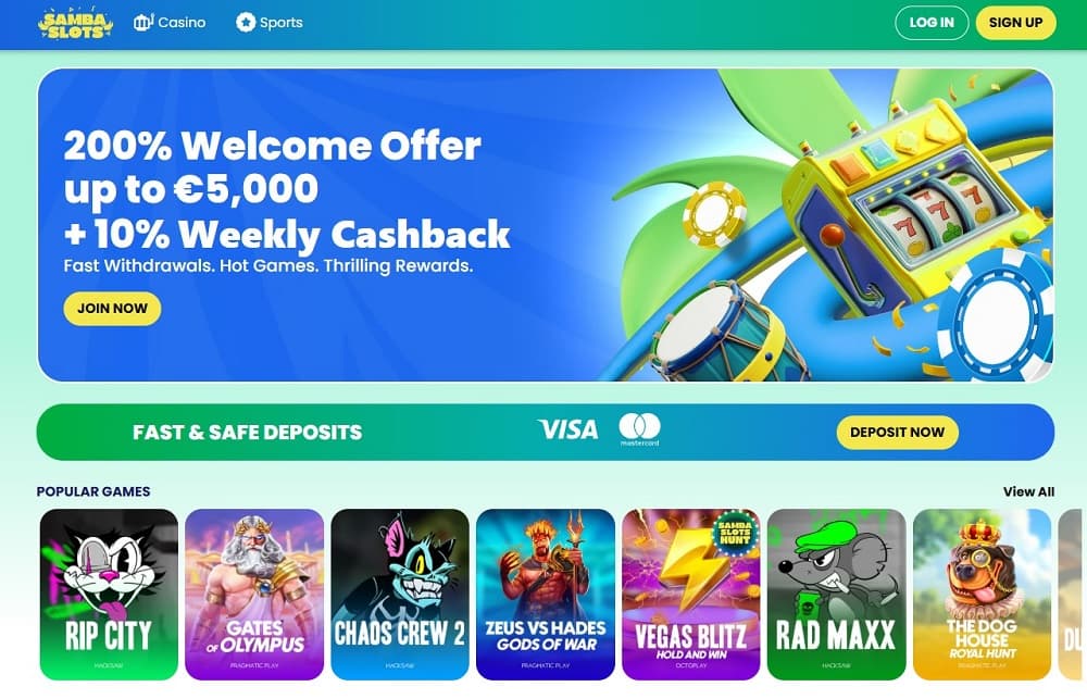 Screenshot of Samba Slots homepage displaying a '200% Welcome Offer up to €5,000 + 10% Weekly Cashback' banner with vibrant slot machine and poker chip imagery. 
